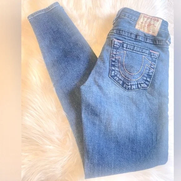 True Religion Jennie Curvy Pink Stitch Mid Rise Skinny TikTok Jeans Size 26/27 - Picture 3 of 10